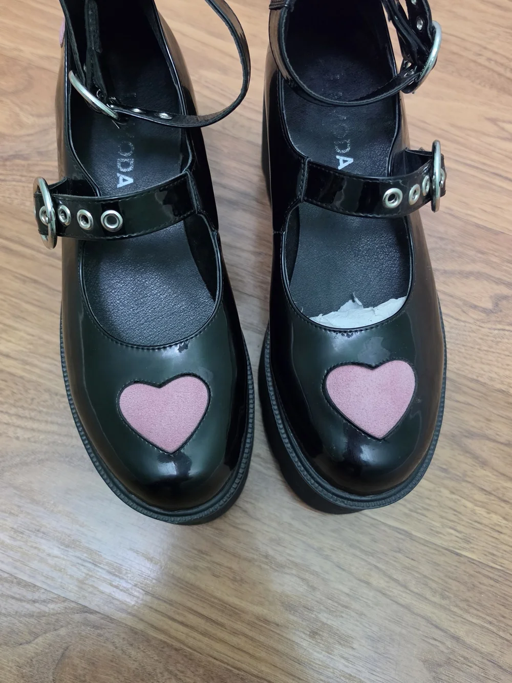 Black Patent Platform Mary Janes with Pink Heart Accent